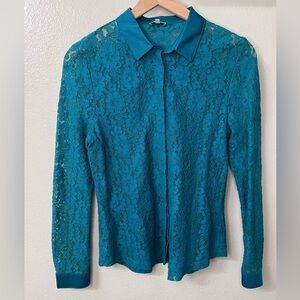 Kettlewell Teal Floral Lace Button-Up Long Sleeve Blouse Small